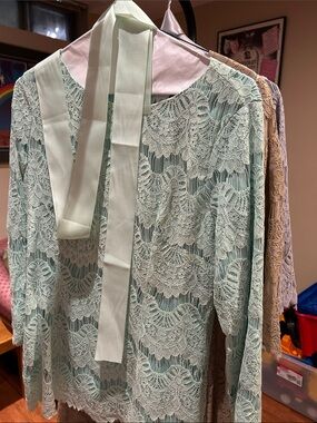 Dainty Jewells Mint Lace Long-Sleeve Tie-Neck Blouse